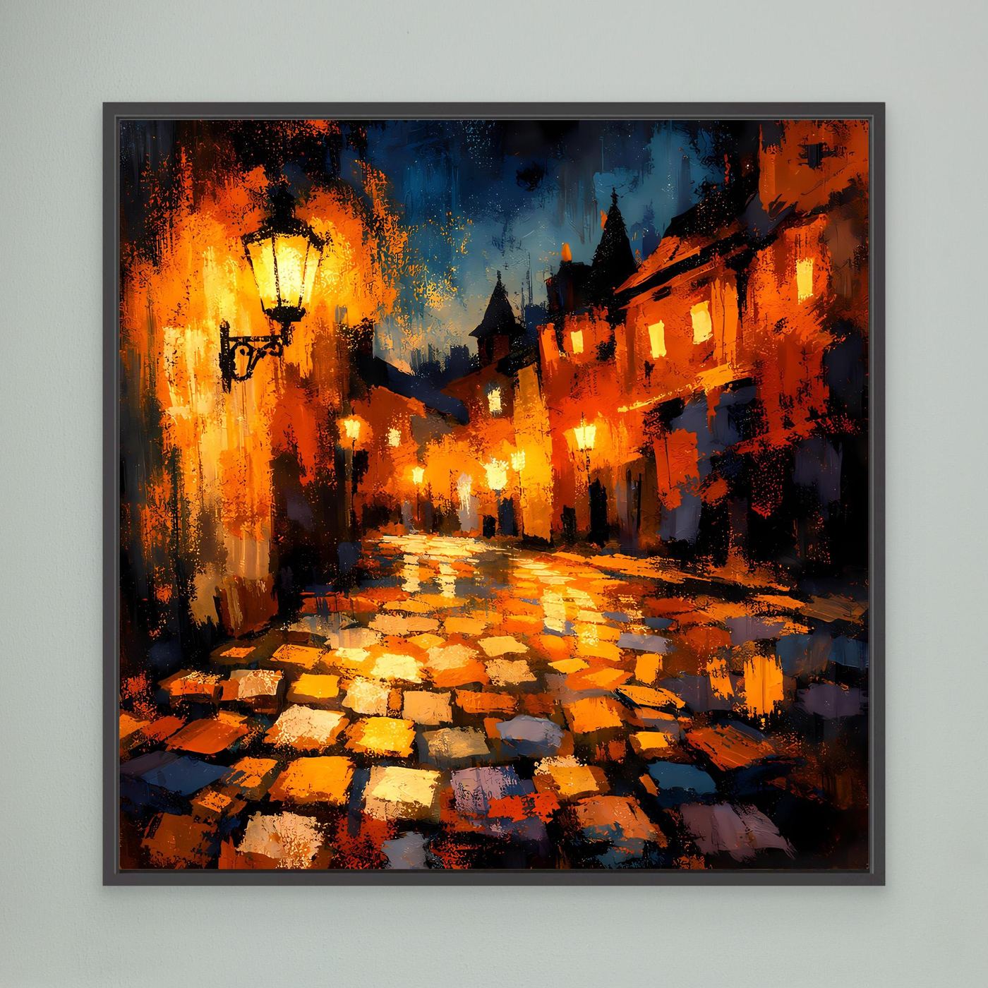 Leinwand Abstraktes Altstadt Gemälde | Modernes Romantisches Gassen Wandbild bei Nacht