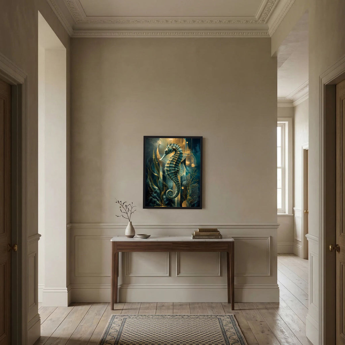 Gerahmtes Poster im Flur: Seepferdchen-Motiv in Petrol und Gold, abstrakte Unterwasserwelt
