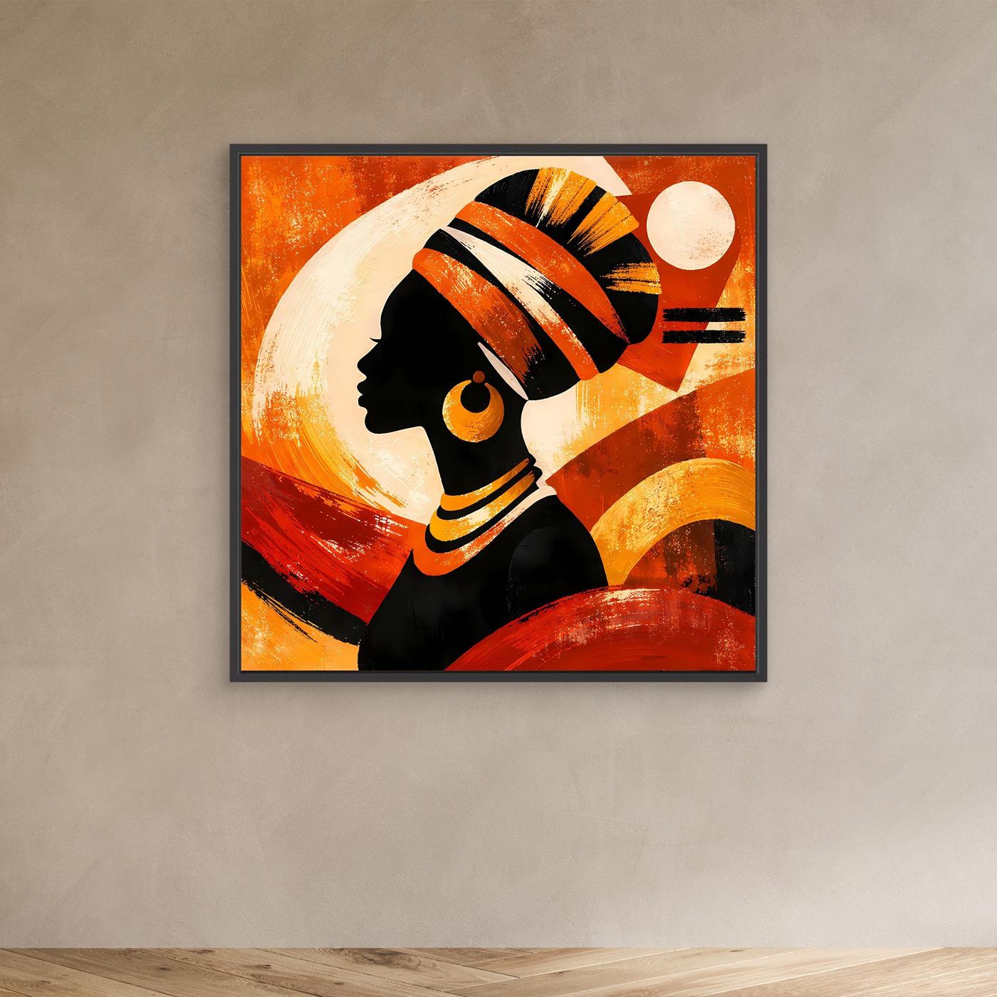 Leinwandbild mit Rahmen: abstrakte Frauensilhouette, Orange-Gold und schwarze Details