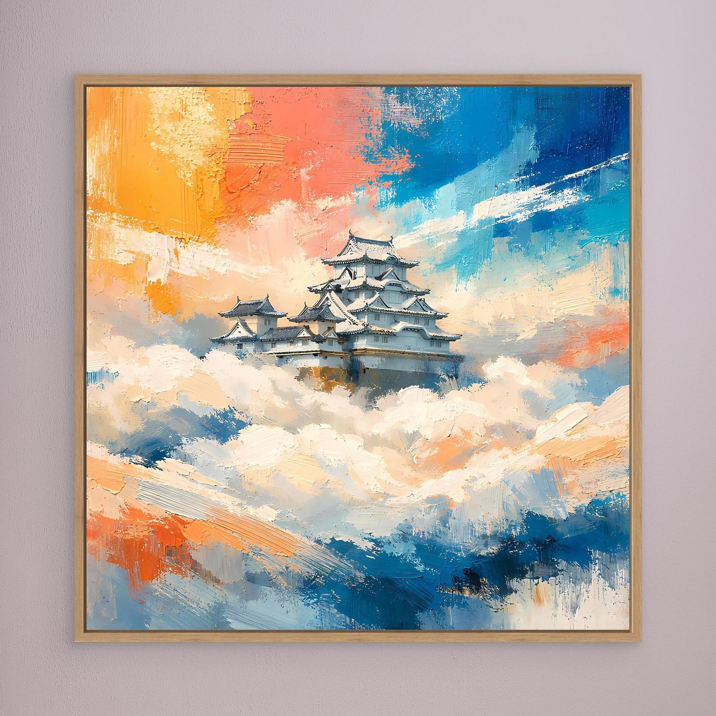 Leinwand Traditionelle Japanische Burg über den Wolken | Fernöstliches Wandbild auf echter Leinwand