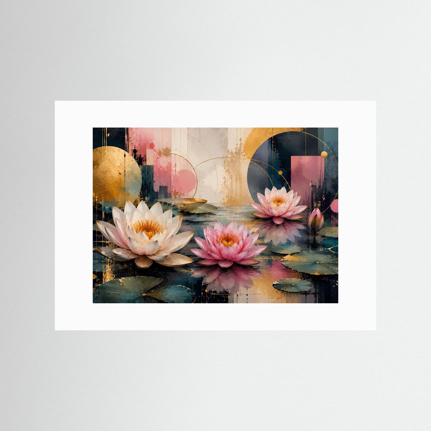 Wandbild im weißen Passepartout: abstrakte Wasserrosen in Weiß und Rosa