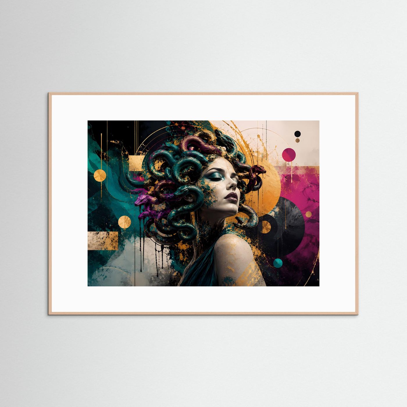 Medusa Poster Bunt Modern | Abstrakte Mythologie Wandkunst | Geometrische Fantasy Kunst | Farbenfrohe Gorgone | Premium Leinwand