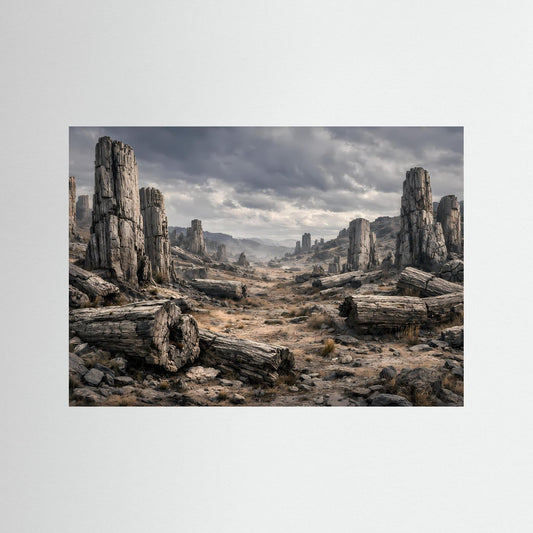 Querformatiges Landschafts-Poster mit steinernen Felsformationen und Wüstenweg im Panorama-Stil