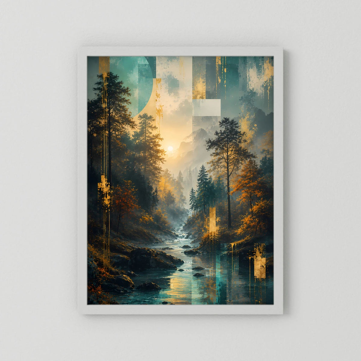 Poster mit Wald- und Flussmotiv in Grün- und Blautönen, ohne sichtbaren Rahmen