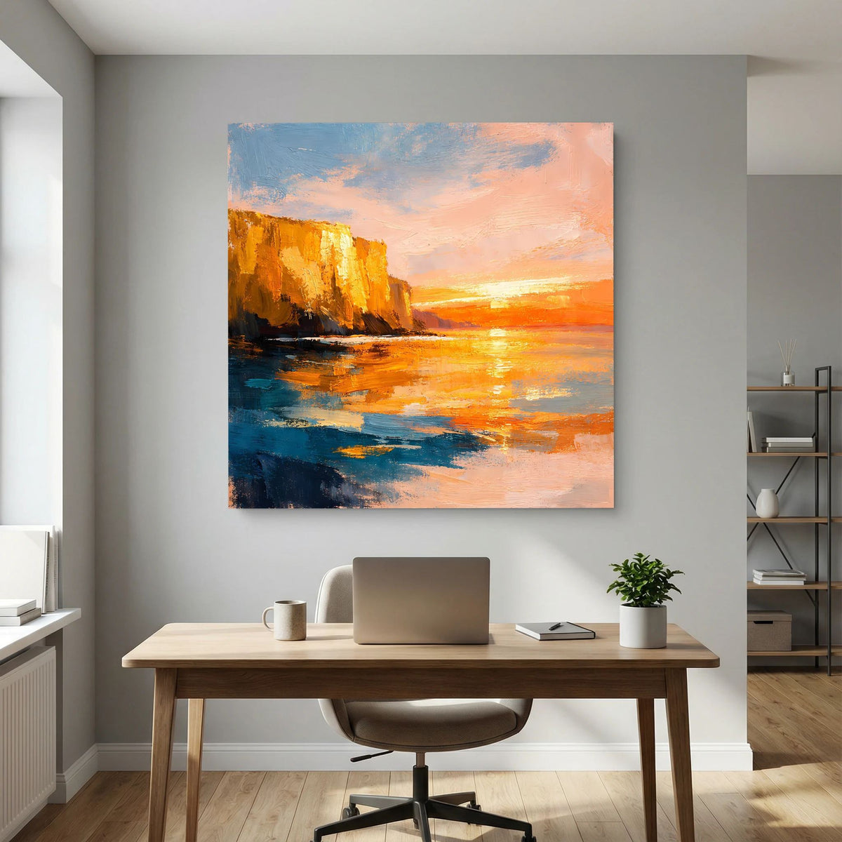 Rechteckiges Leinwand-Wandbild mit abstraktem Meer und Steilküste, warmes Orange und Blau