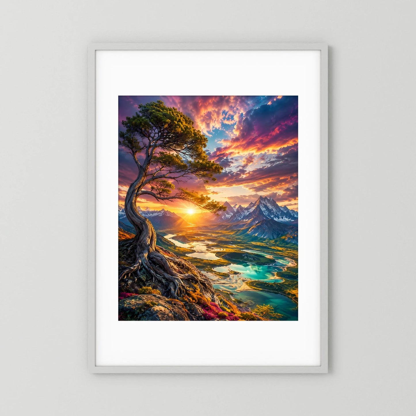 Majestätischer Baum über Bergtal | Leuchtender Sonnenuntergang & türkisfarbene Seen | Poster Hochformat