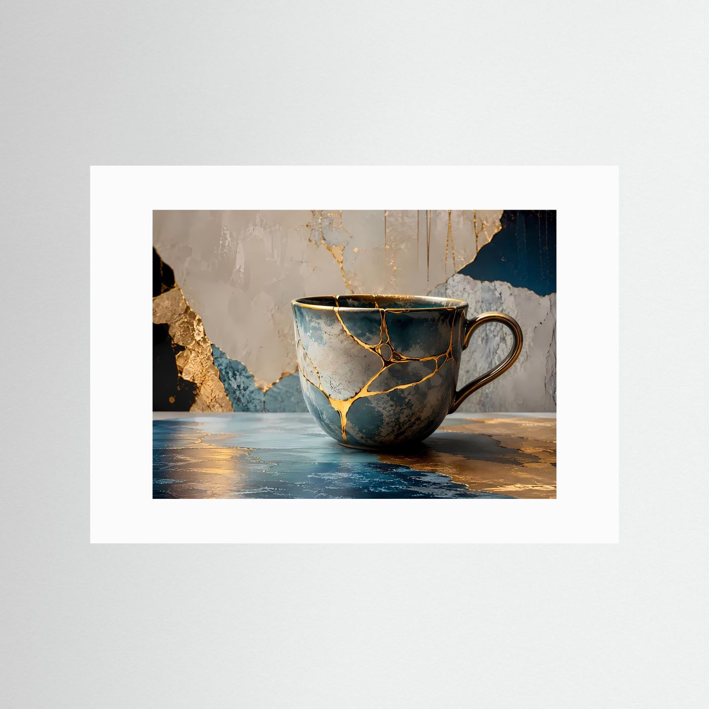 Kintsugi Philosophie | Elegante Teetasse & Marmor Poster mit Gold-Akzenten