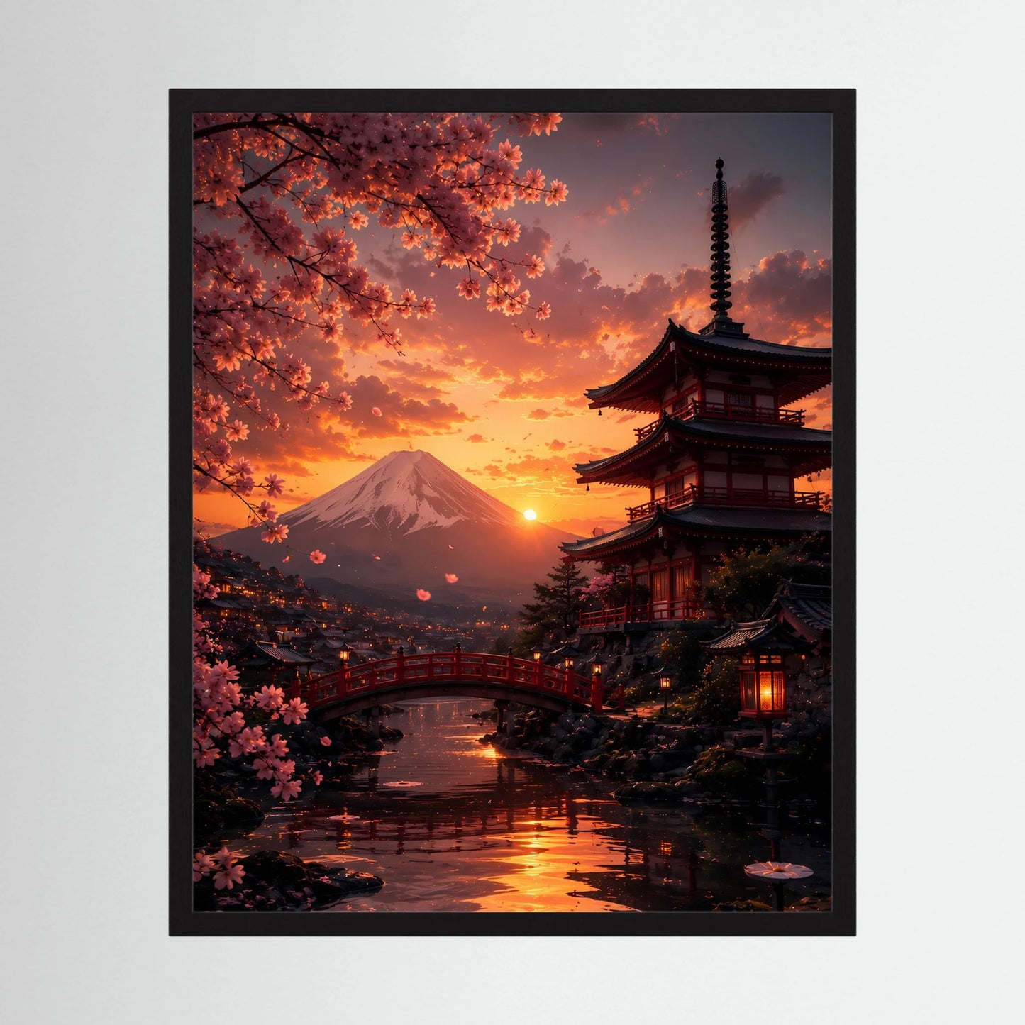 Gerahmtes Poster im Hochformat mit japanischem Tempel, Kirschblüten und Vulkan bei Sonnenuntergang