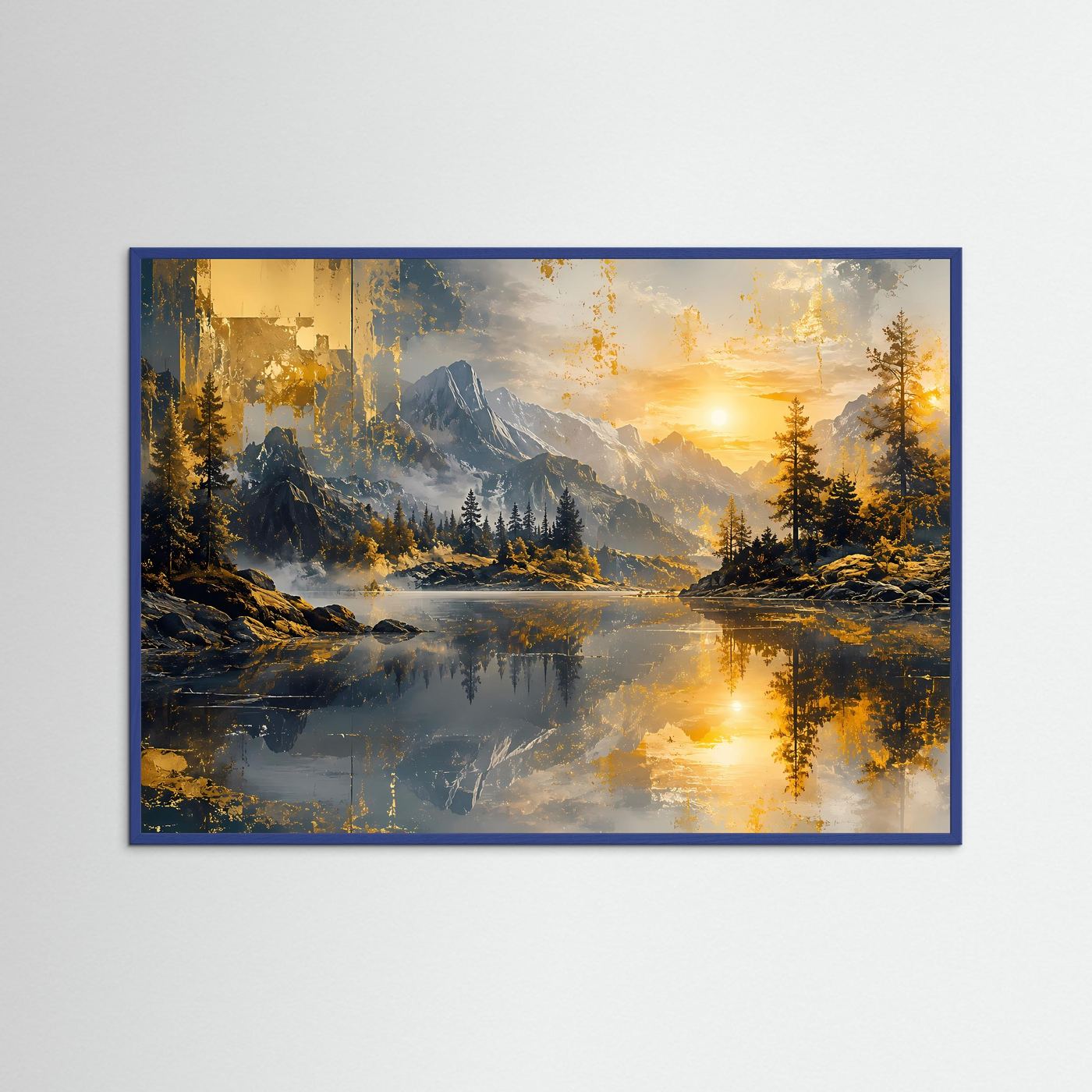 Querformat-Wandbild im blauem Holzrahmen mit Alpenlandschaft und Sonnenuntergang