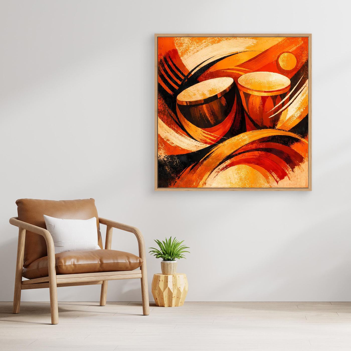 Abstraktes Wandbild auf Leinwand mit Trommel-Formen in warmem Orange-Rot, quadratisch, mit Rahmen