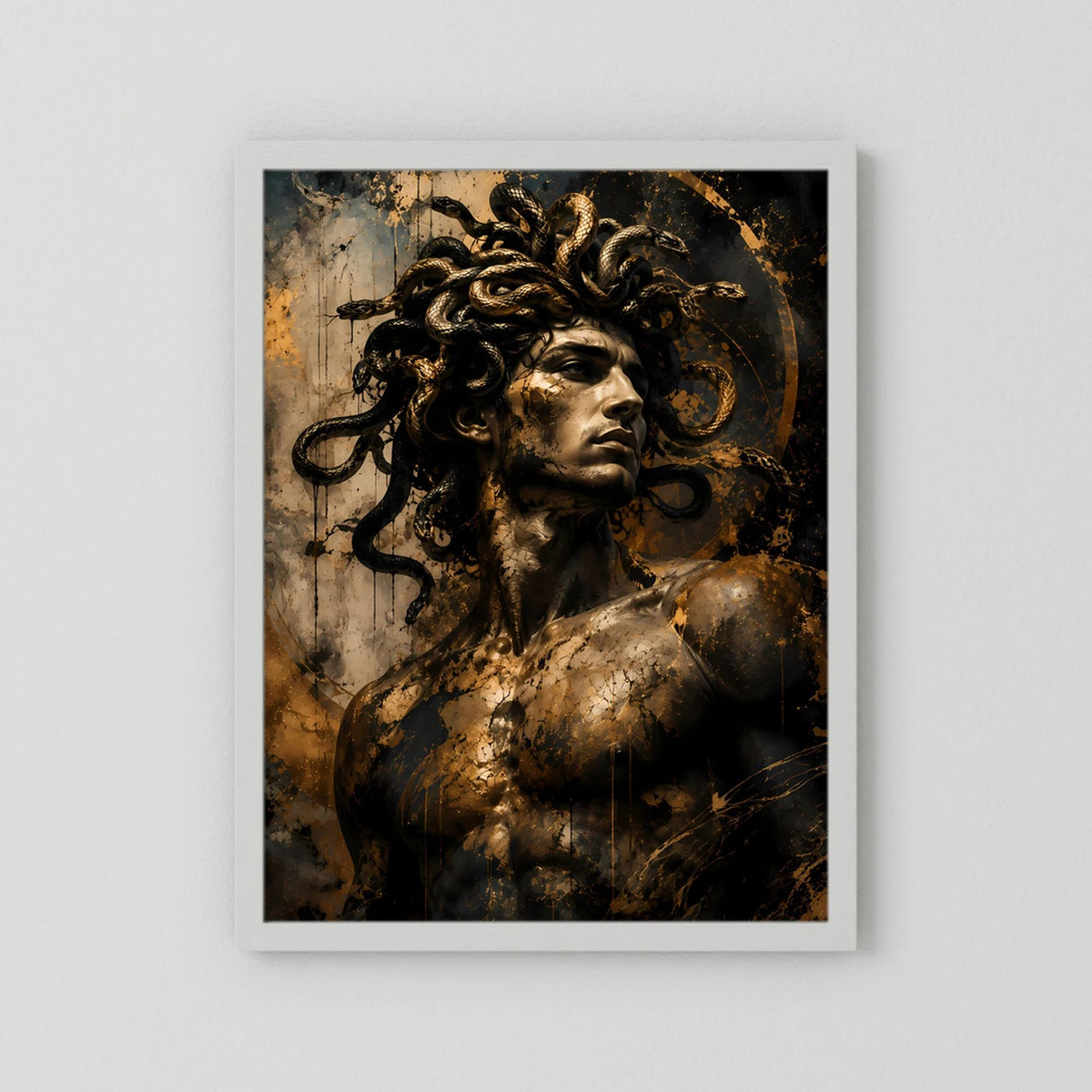 Hochformat-Poster: Männerporträt mit Schlangenhaar, schwarz-gold, weißer Rahmen