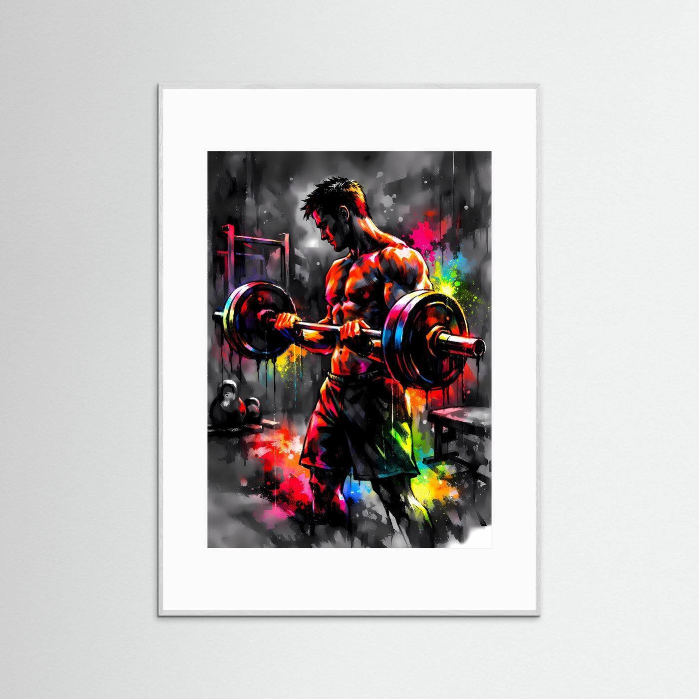 Die Kraft des Fokus | Bodybuilder Poster in kraftvollen Neonfarben & Graffiti-Optik | Abstraktes Kunstposter Hochformat