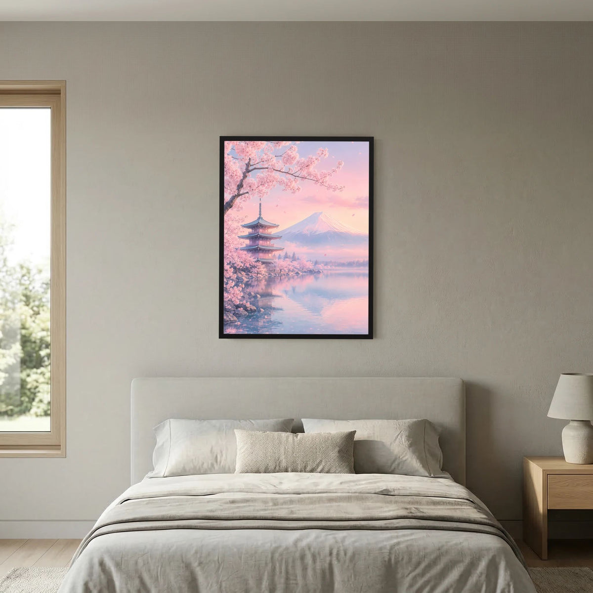 Hochformatiges Poster mit Pagode und Fuji, umgeben von Kirschblüten in Pastellrosa