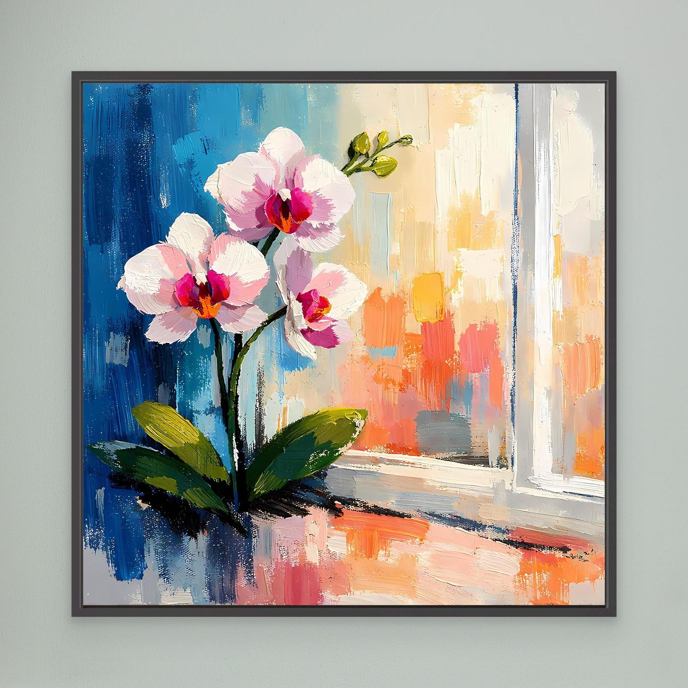 Leinwandbild mit weißen Orchideenblüten und Fensterlandschaft, dunkelgrauer Rahmen