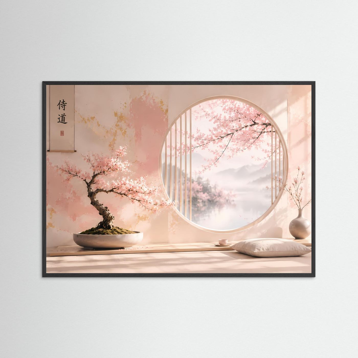 Japanischer Zen Garten mit Sakura Bonsai | Pastell Wandbild