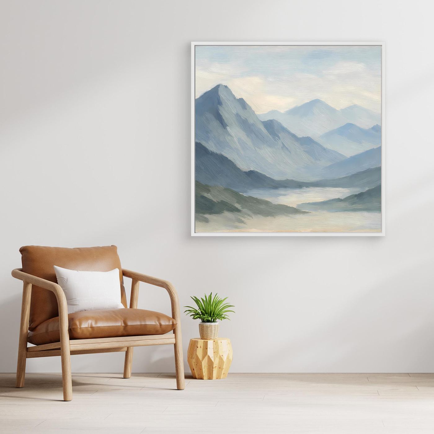 Leinwandbild Berglandschaft im Nebel, hellblau, mit weißem Rahmen