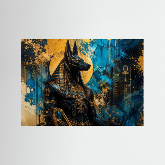 Wandbild mit Anubis-Figur in Gold und tiefem Blau, ägyptisches Mythologie-Design