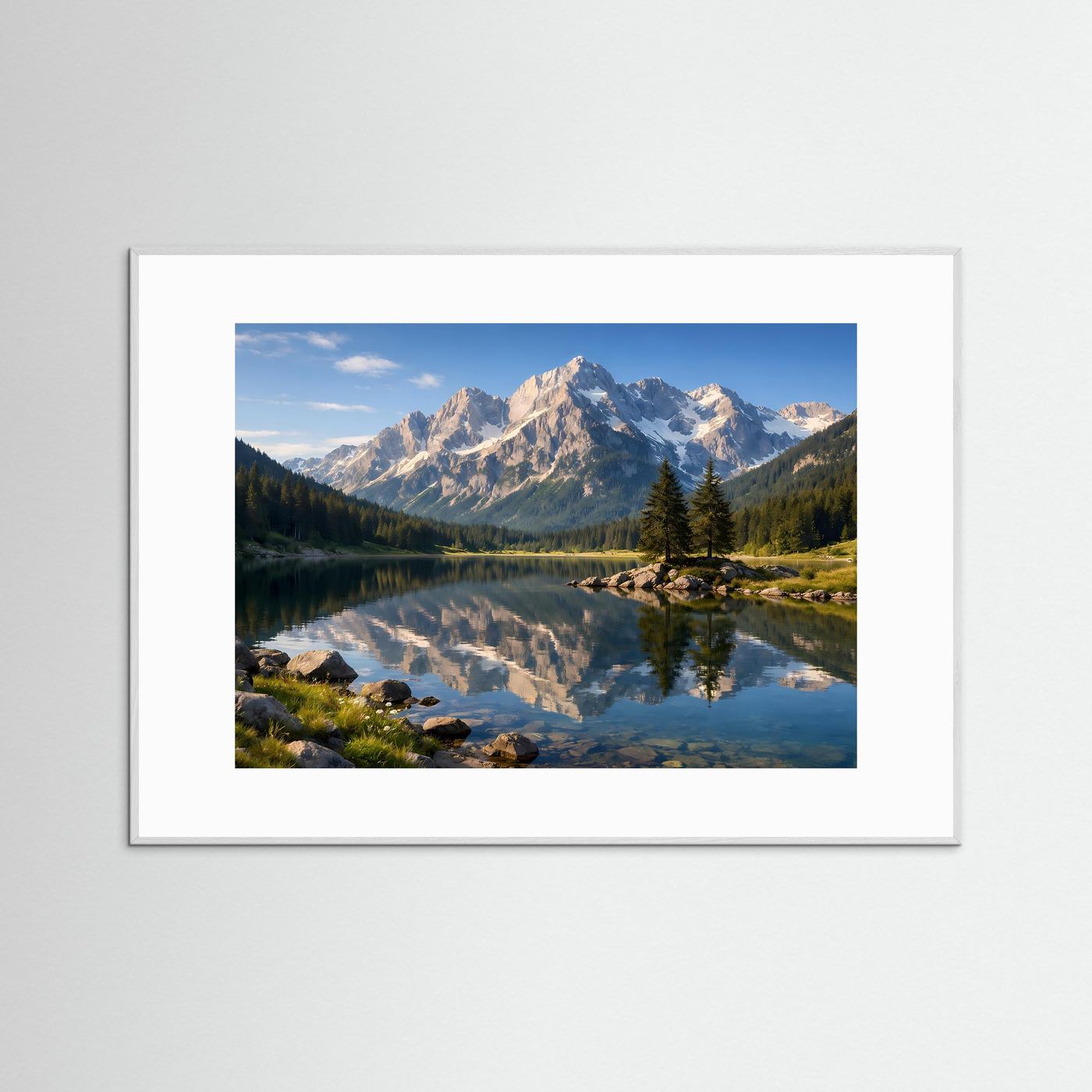 Gerahmtes Naturposter im Querformat mit weißem Rahmen: Bergsee mit Felsen und Spiegelung