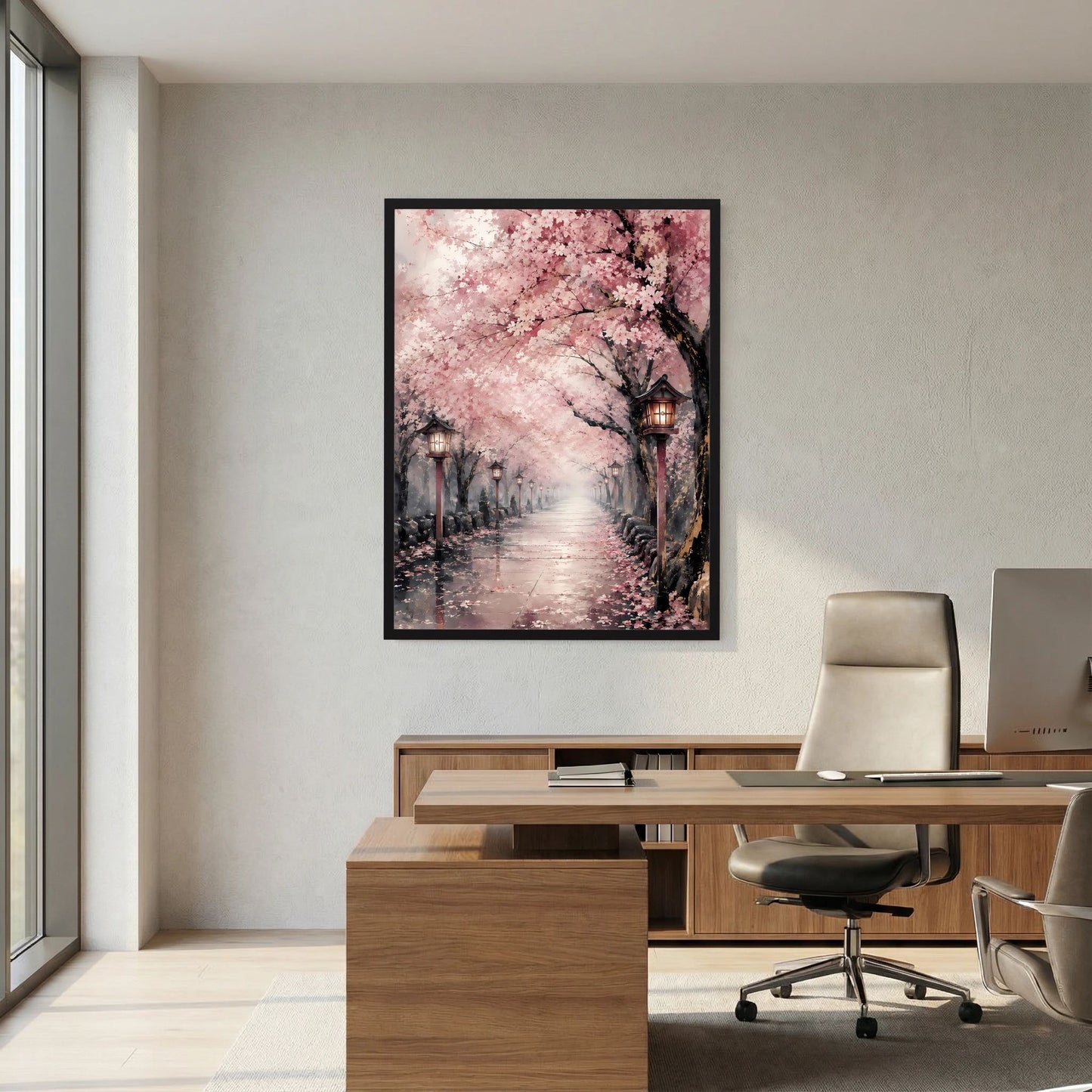Quadratisch wirkender Druck? Nein: vertikales Hochformat-Poster mit Kirschblüten und Laternen.