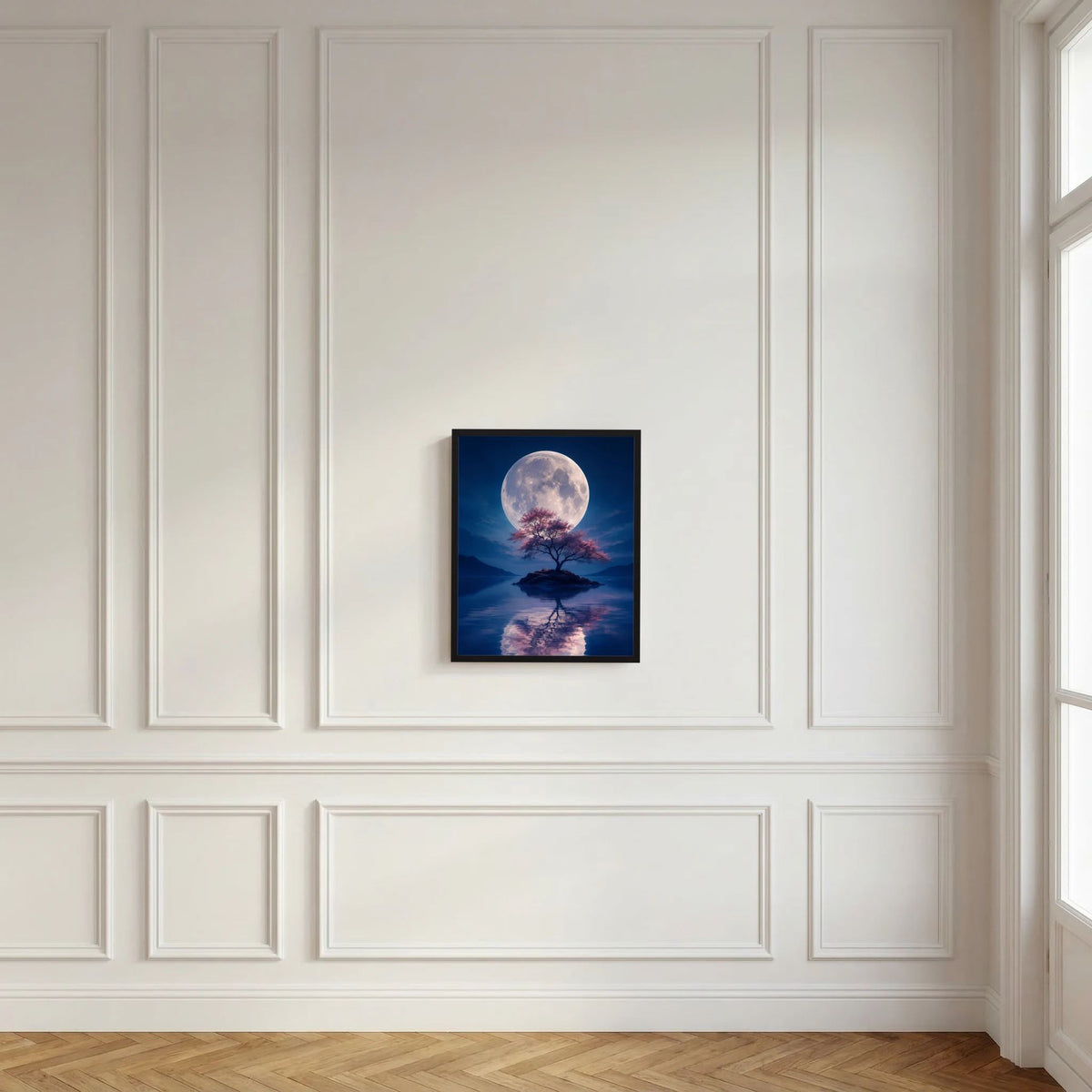 Wandbild-Poster im schwarzen Rahmen: Vollmond über See mit rosa Baum und Reflexion