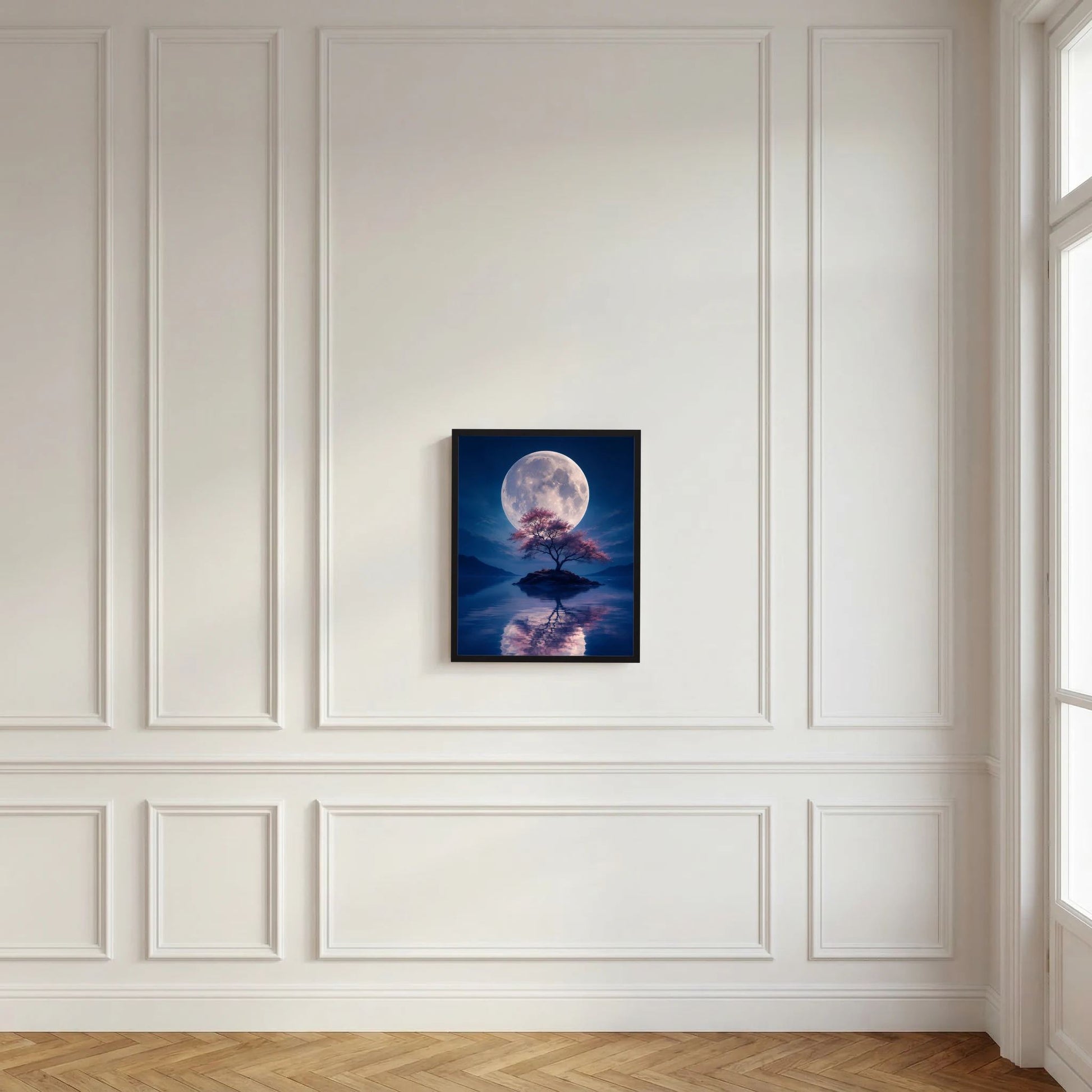 Wandbild-Poster im schwarzen Rahmen: Vollmond über See mit rosa Baum und Reflexion