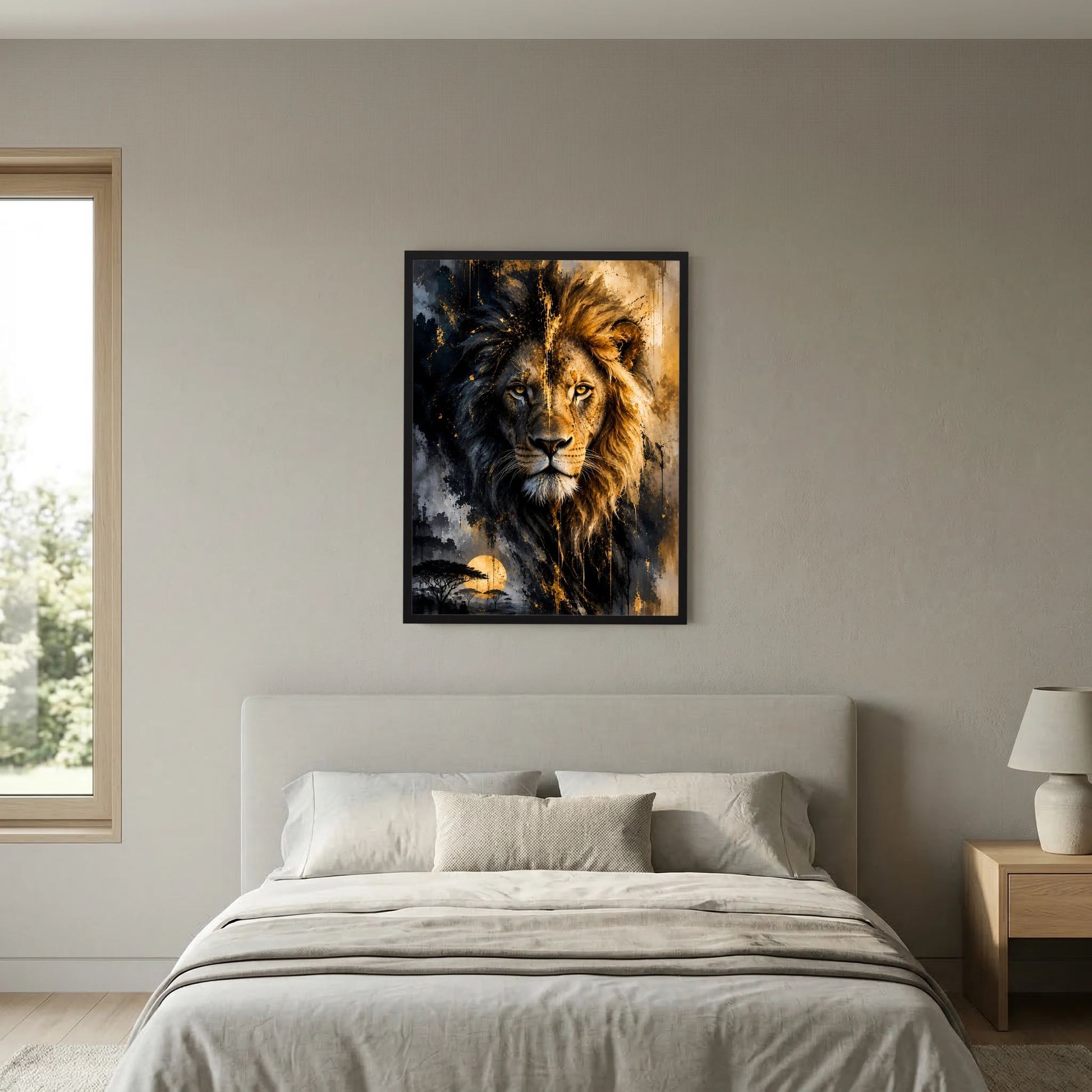 Löwenposter mit dunklem Löwenkopf, goldener Mähne und abstrakten Farbspritzern, gerahmt