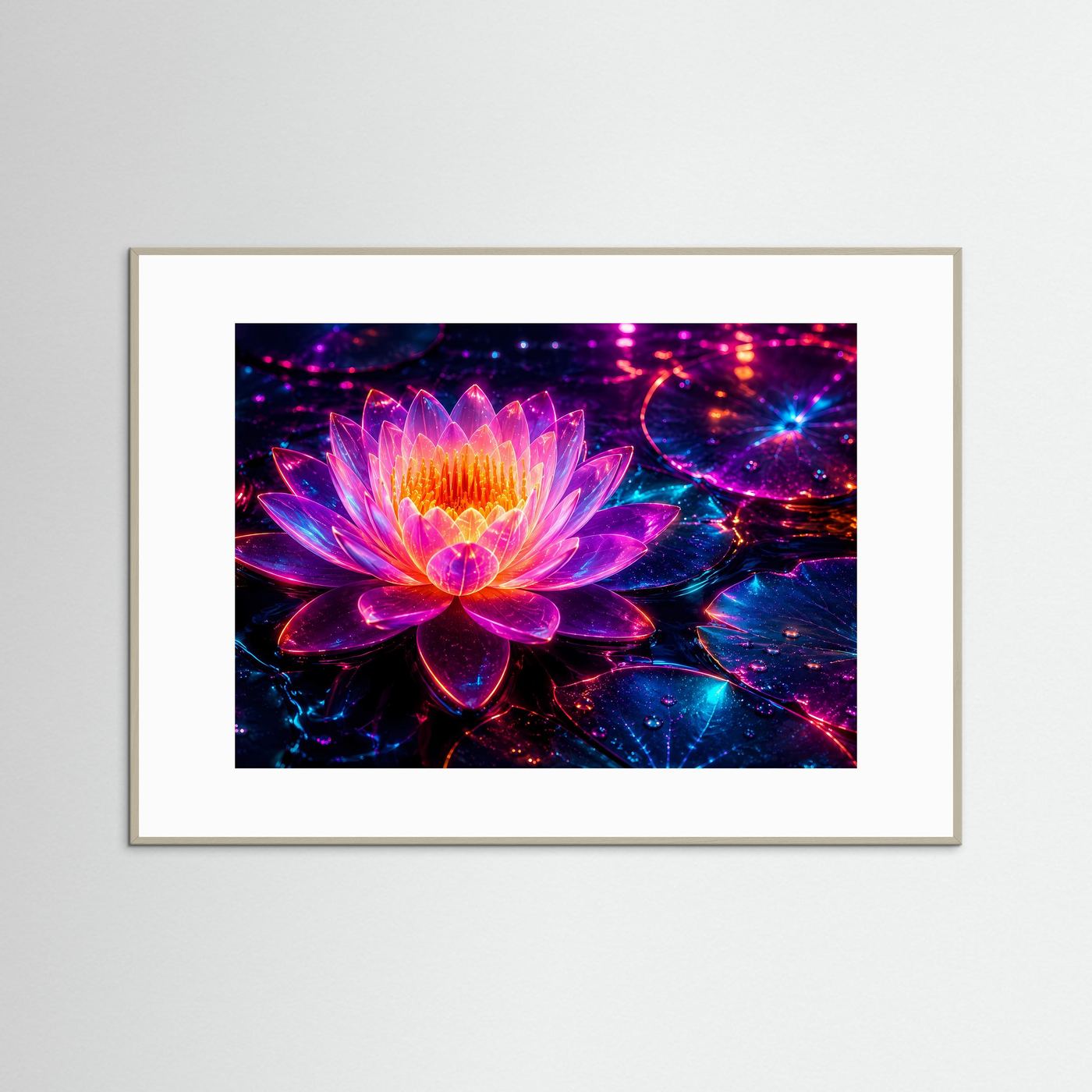 Neon Lotus Poster | Leuchtende Lotusblüte Wandbild | Futuristische Wasserlilie | Pink Blau Fantasy Kunst | Moderne Wall Art