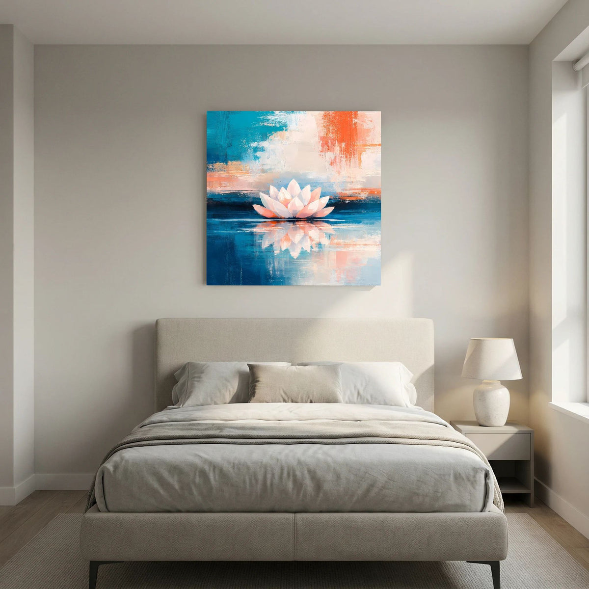 Leinwandbild mit abstrakter Seerose auf Wasser, helles Weiß, Blauflächen und Orange.