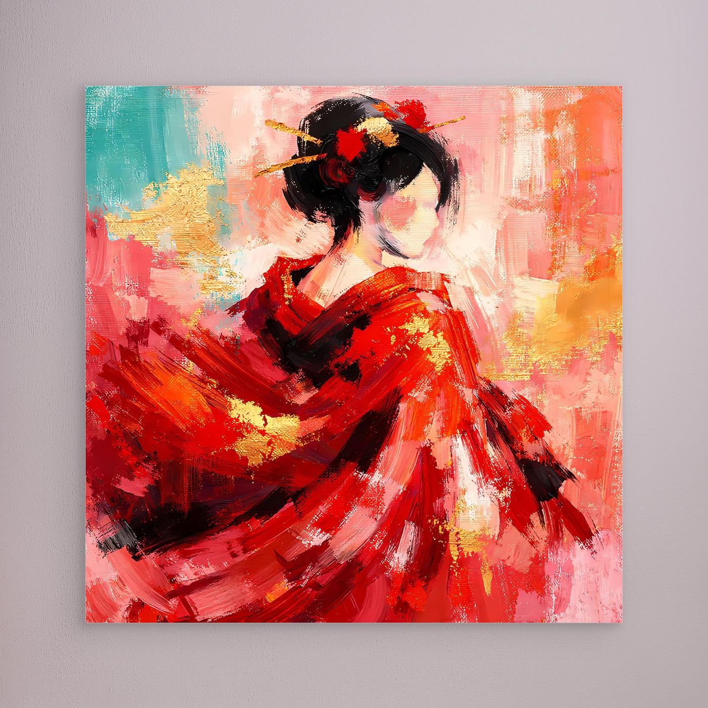 Leinwandbild mit Geisha in rotem Kleid, abstrakte Pinselstriche, ohne klar erkennbaren Rahmen