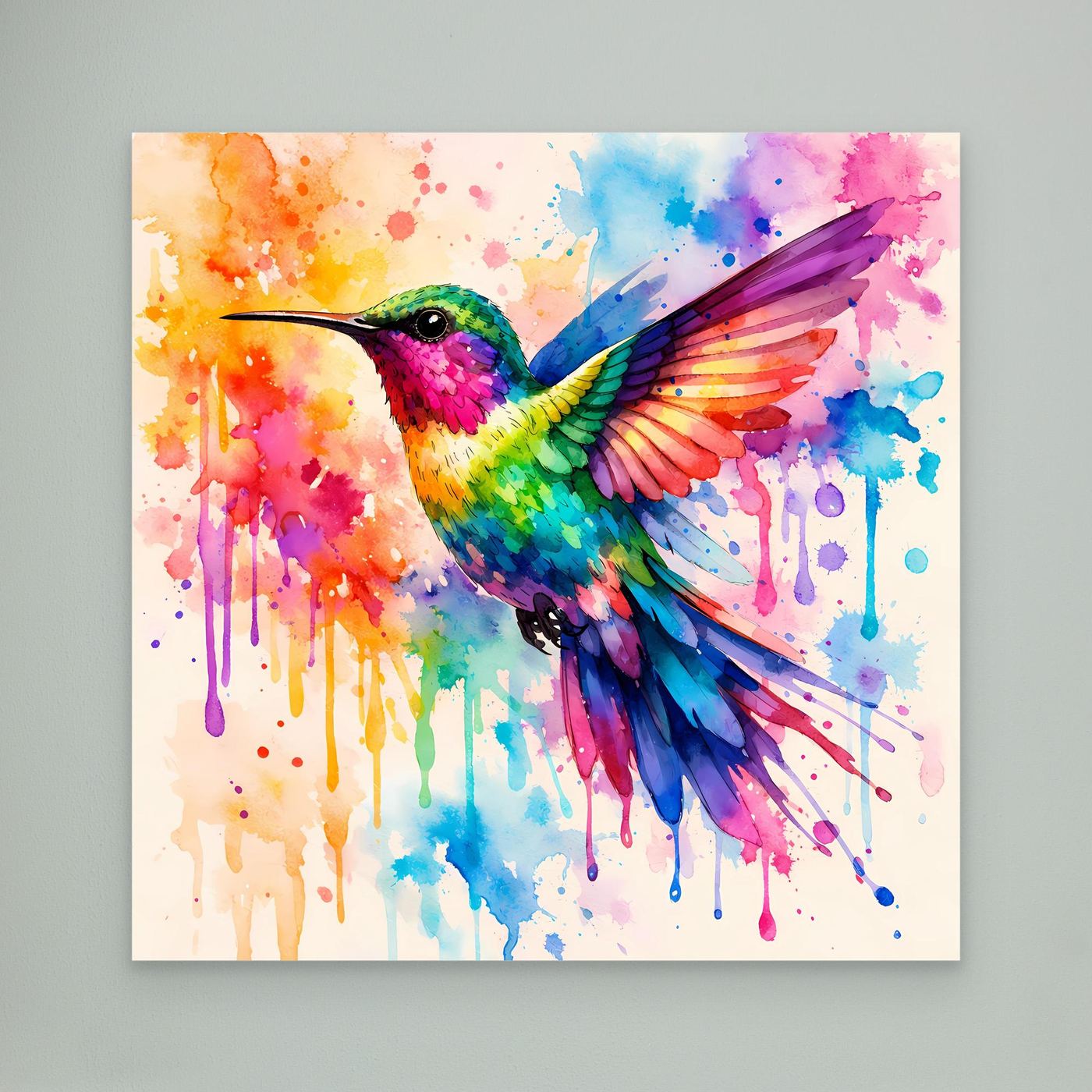 Leinwandbild Kolibri, Nahansicht des bunten Aquarell-Vogels ohne sichtbaren Rahmen