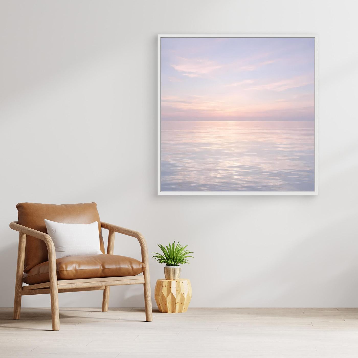 Wandbild mit hellem Rahmen: Pastellmeer und Sonnenuntergangsfarben