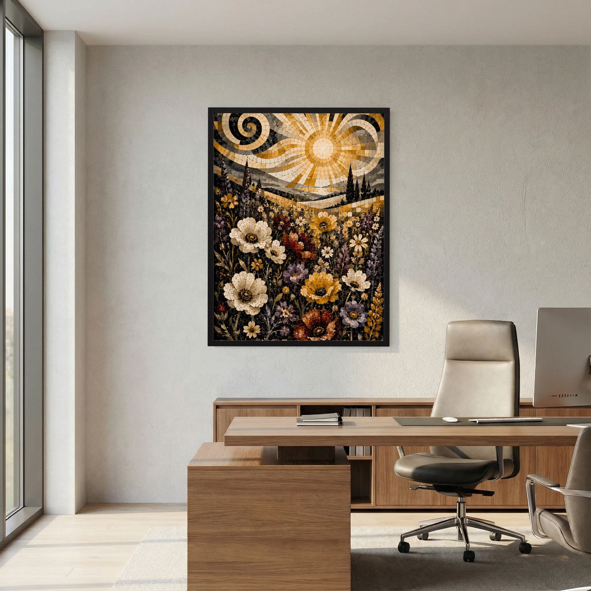 Quadratisches Poster mit floraler Mosaiklandschaft und goldener Sonne im Zentrum