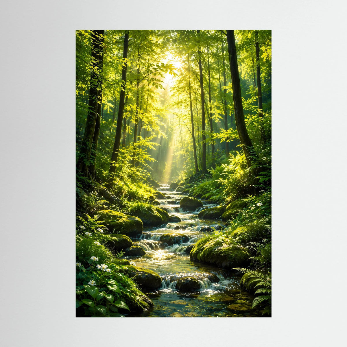 Vertikales Poster mit Waldbach im grünen Wald und klaren Sonnenstrahlen