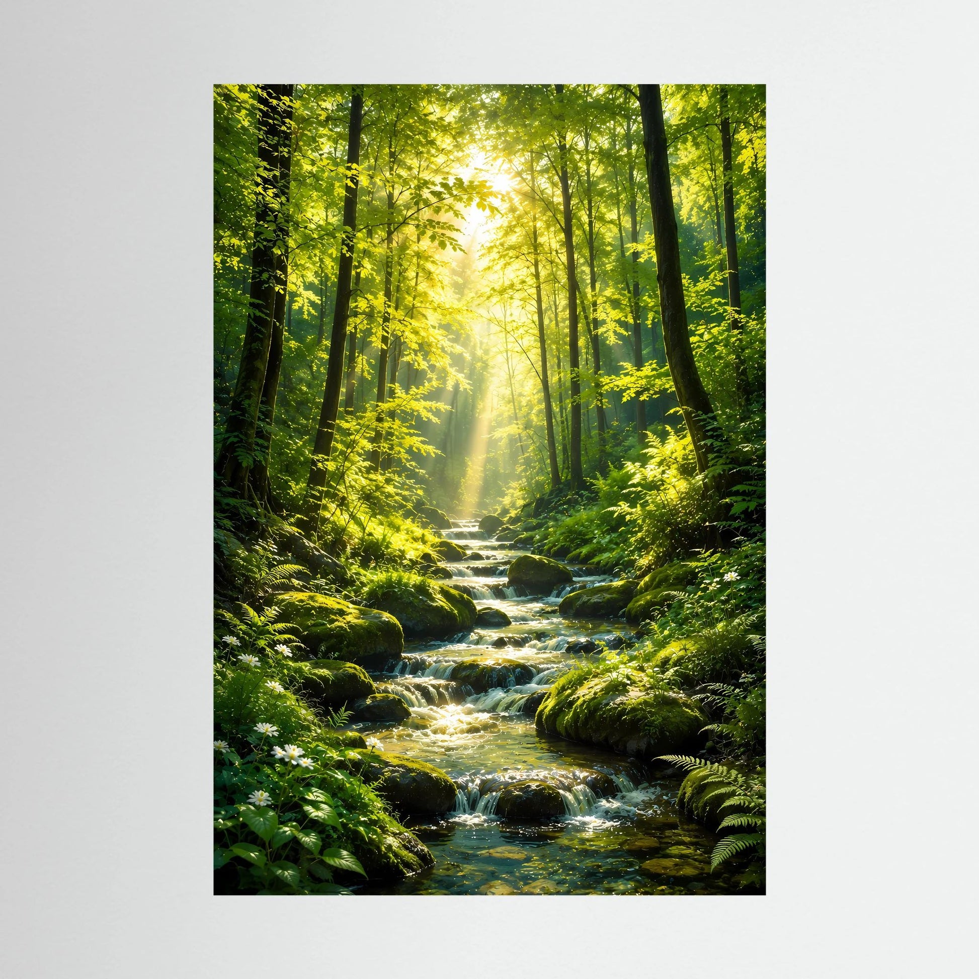Vertikales Poster mit Waldbach im grünen Wald und klaren Sonnenstrahlen