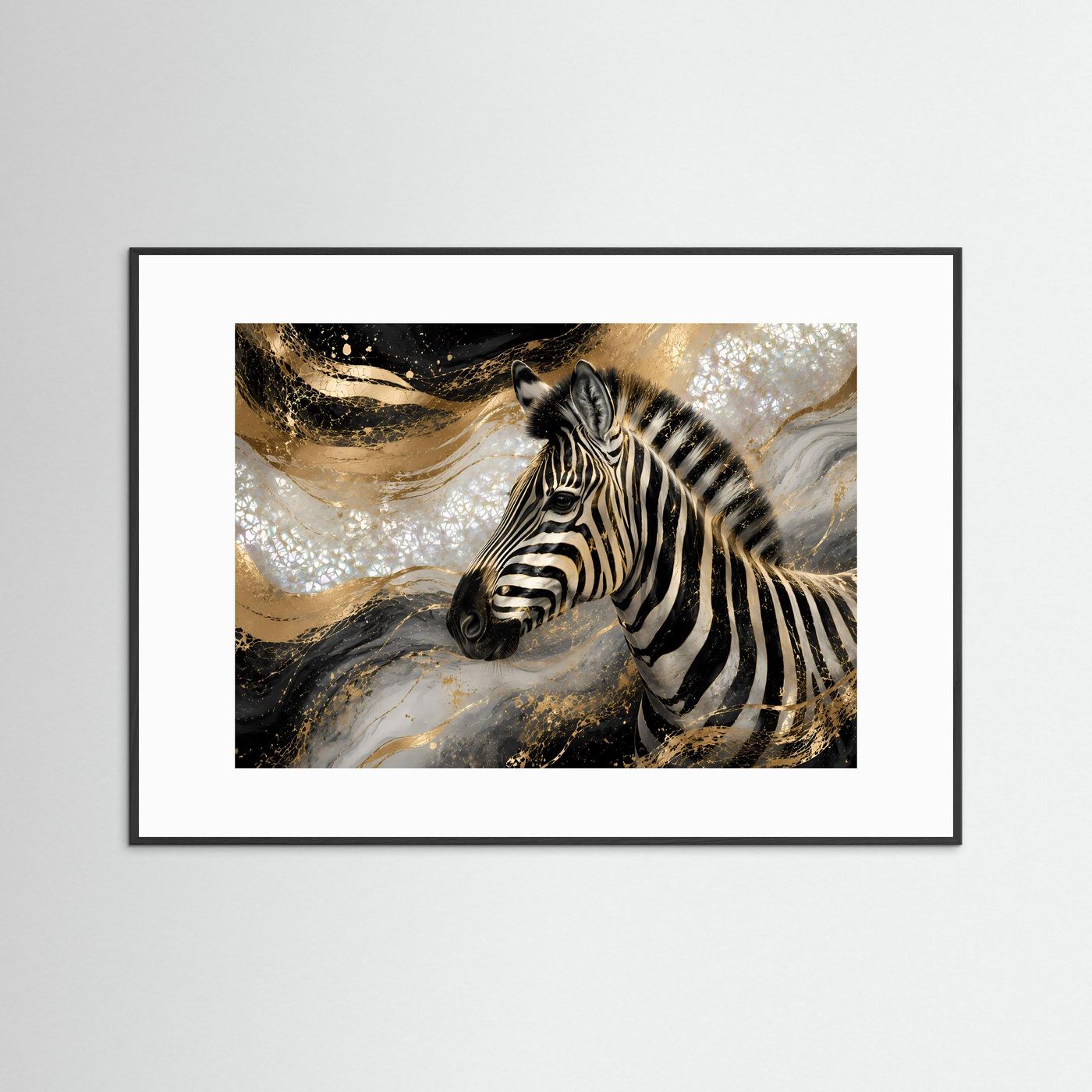 Querformat-Poster mit Zebra-Motiv in Schwarz, Weiß und Gold im schwarzen Rahmen