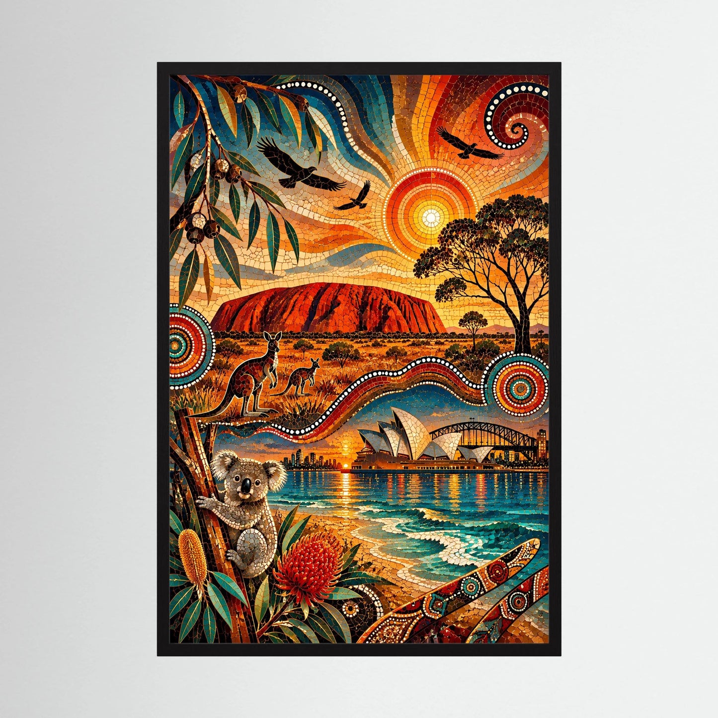 Australien Mosaik | Uluru, Kängurus, Koala & Sydney im Aboriginal-inspirierten Stil | Poster Hochformat