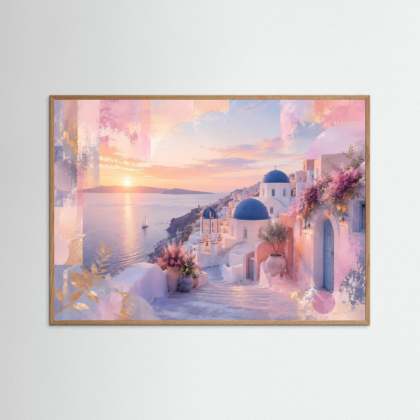 Santorini Poster | Pastell Griechenland Wandbild | Mediterrane Küstenlandschaft | Abstrakte Architektur Kunst | Sonnenuntergang Leinwand