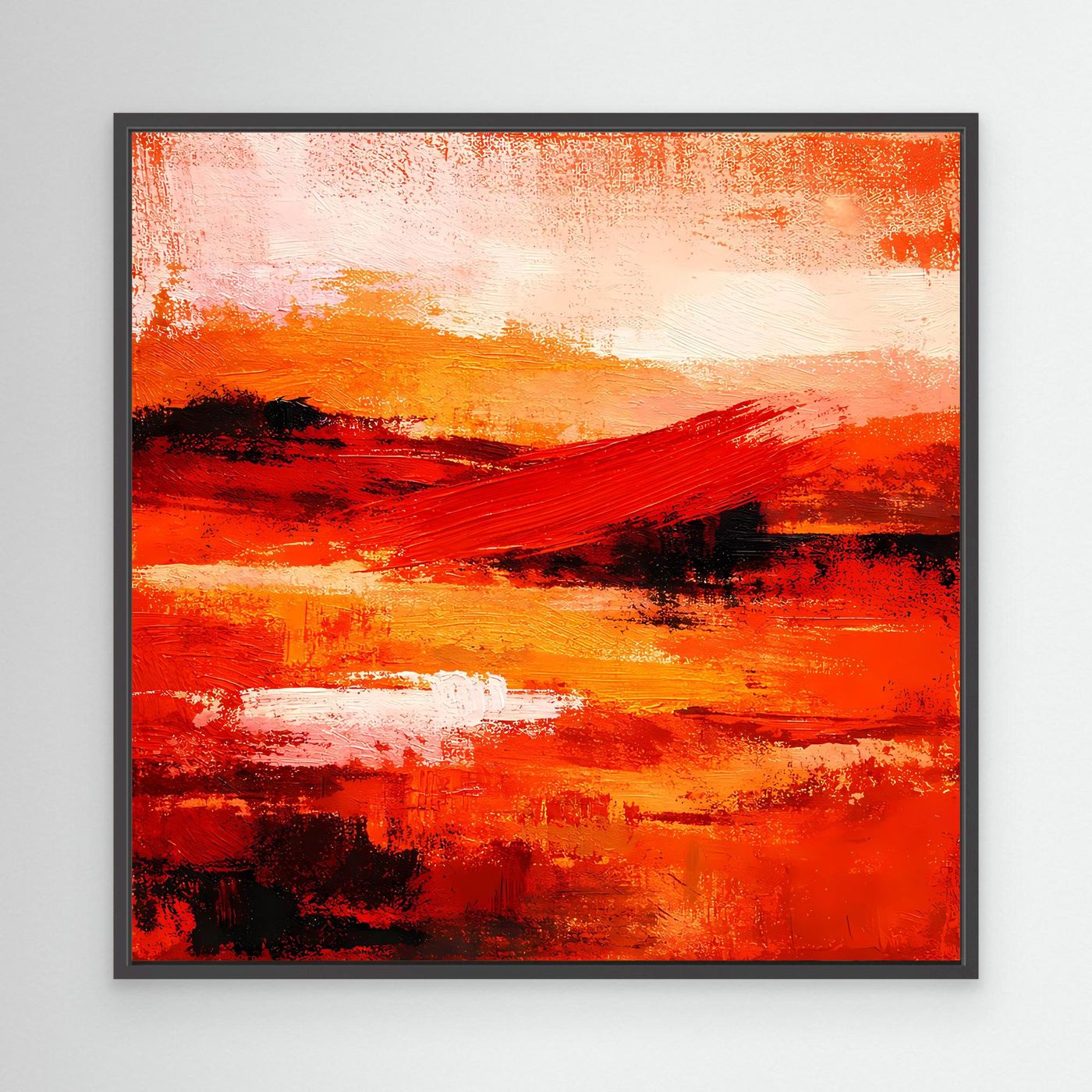 Abstraktes Leinwand-Wandbild mit roten und orangefarbenen Akzenten, schwarzer Rahmen