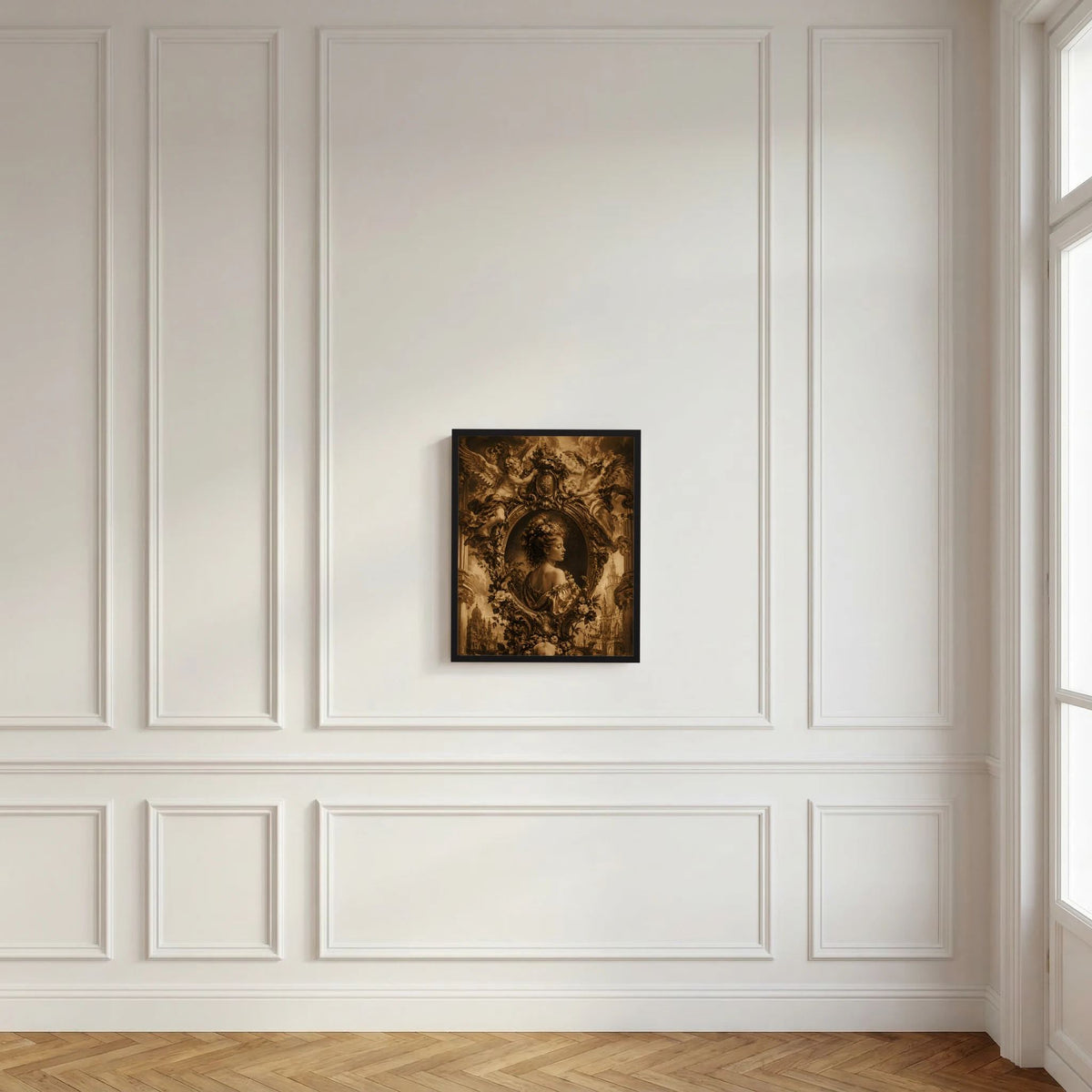 Gerahmtes Barockposter auf weißer Paneelwand: Porträt einer Frau mit Engeln