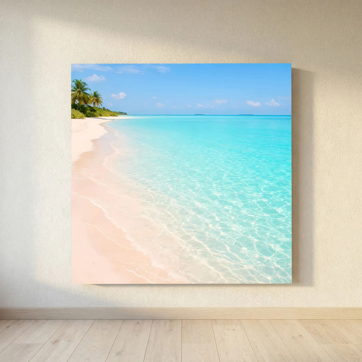 Leinwandbild Meerblick mit breitem Sandstrand, türkisfarbenem Wasser und Palmen links