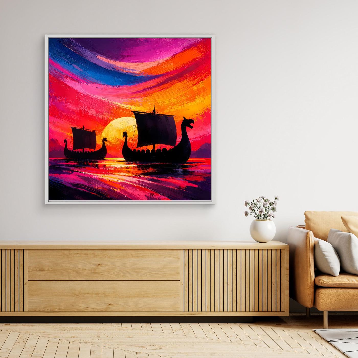 Gerahmtes Wandbild mit abstrakten Wikingerschiffen-Silhouetten bei Sonnenuntergang, weißer Rahmen