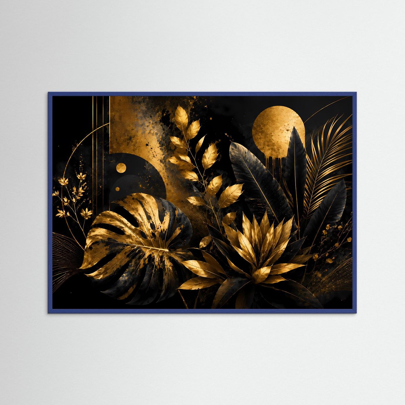 Luxuriöse Tropische Blätter in Schwarz & Gold | Abstrakte Botanische Wandkunst mit Monstera, Palmenblättern und exotischen Pflanzen | Elegantes Premium Wandbild im Querformat