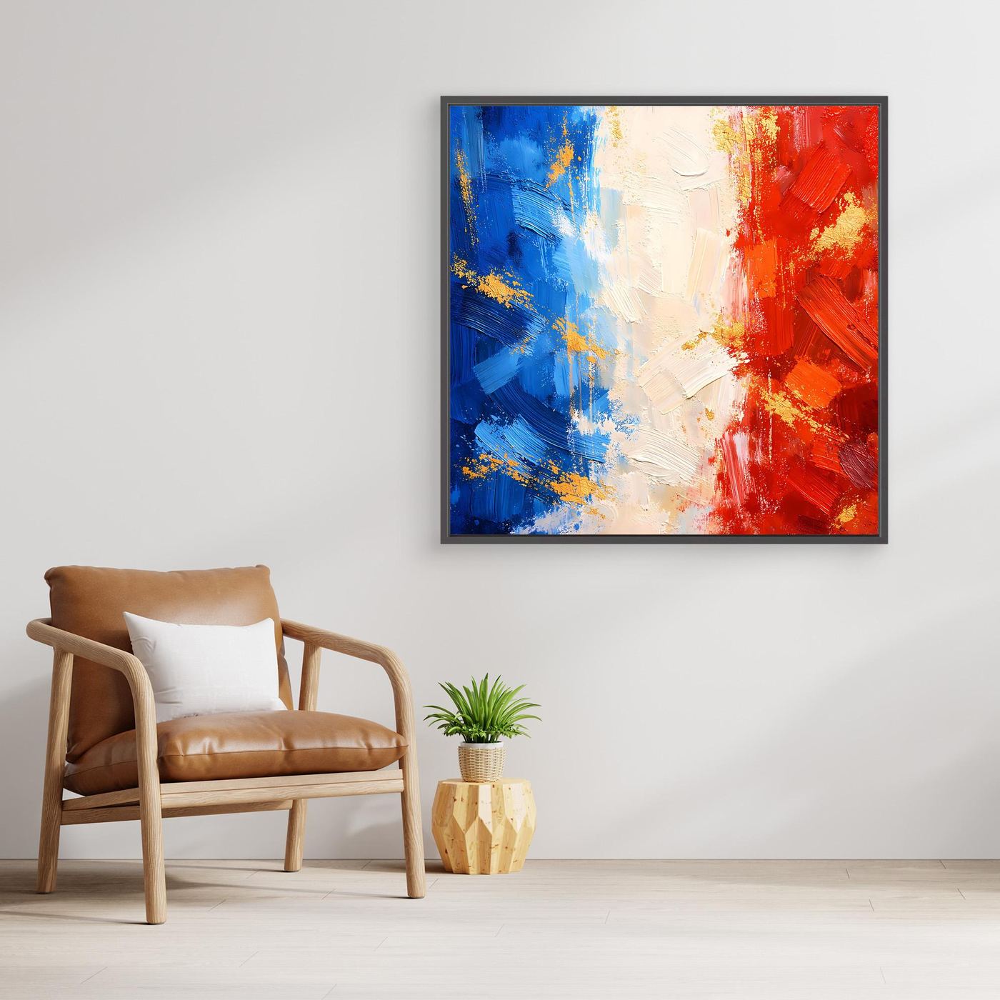 Leinwandbild mit abstrakten Blau-, Weiß- und Rotflächen, goldene Akzente