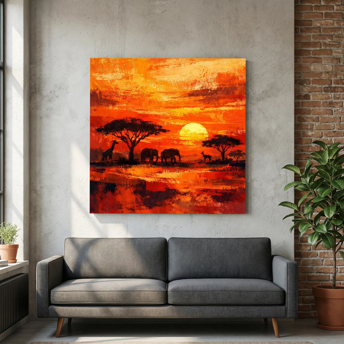Leinwand-Wandbild: orangefarbener Sonnenuntergang, schwarze Savannenbäume, Silhouetten von Elefanten