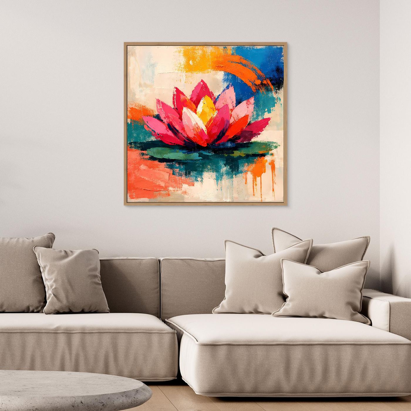 Abstract lotus canvas wall art in an oak frame, pink and yellow petals with blue-orange strokes