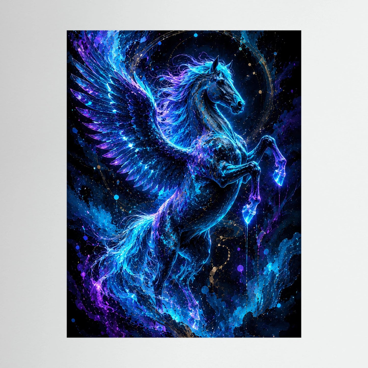 Poster mit Pegasus in Neonblau, Nahansicht, schwarzer Rahmen