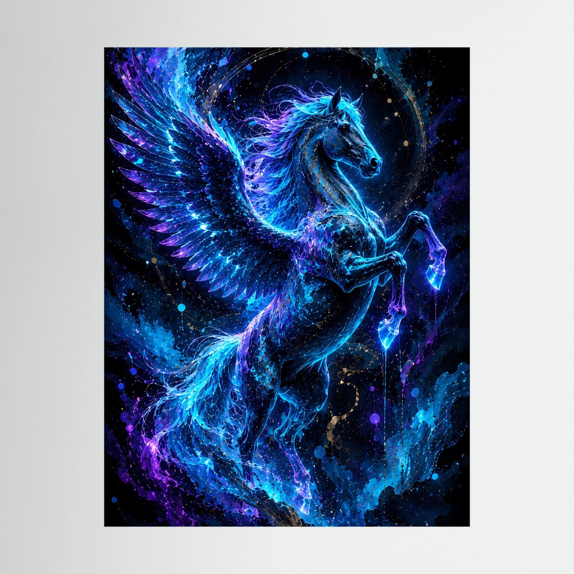 Poster mit Pegasus in Neonblau, Nahansicht, schwarzer Rahmen