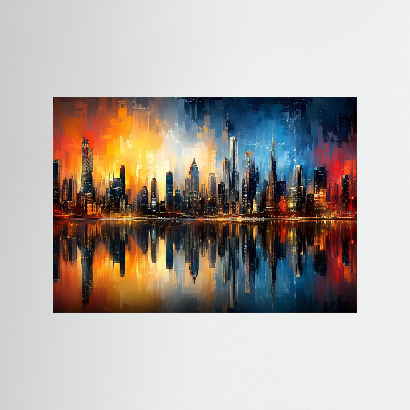 Abstrakte Skyline in Blau & Gold | Moderne City Panorama Kunst Poster Querformat