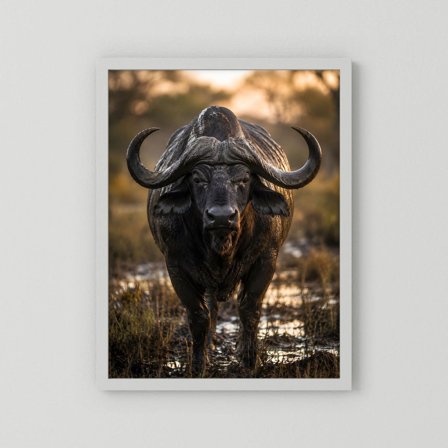 Tierposter mit Kaffernbüffel, weißer Rahmen, Hochformat