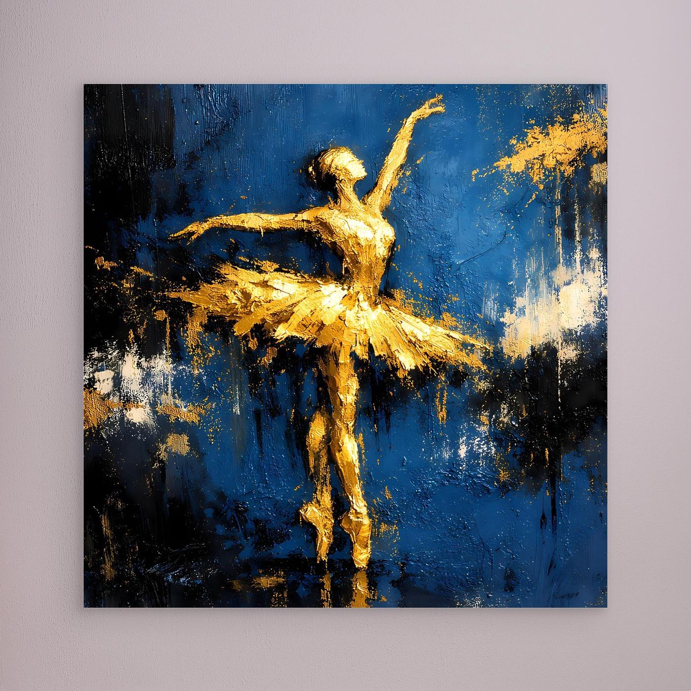 Leinwand Elegante Ballerina in Gold und Blau | Abstraktes Ballett Wandbild